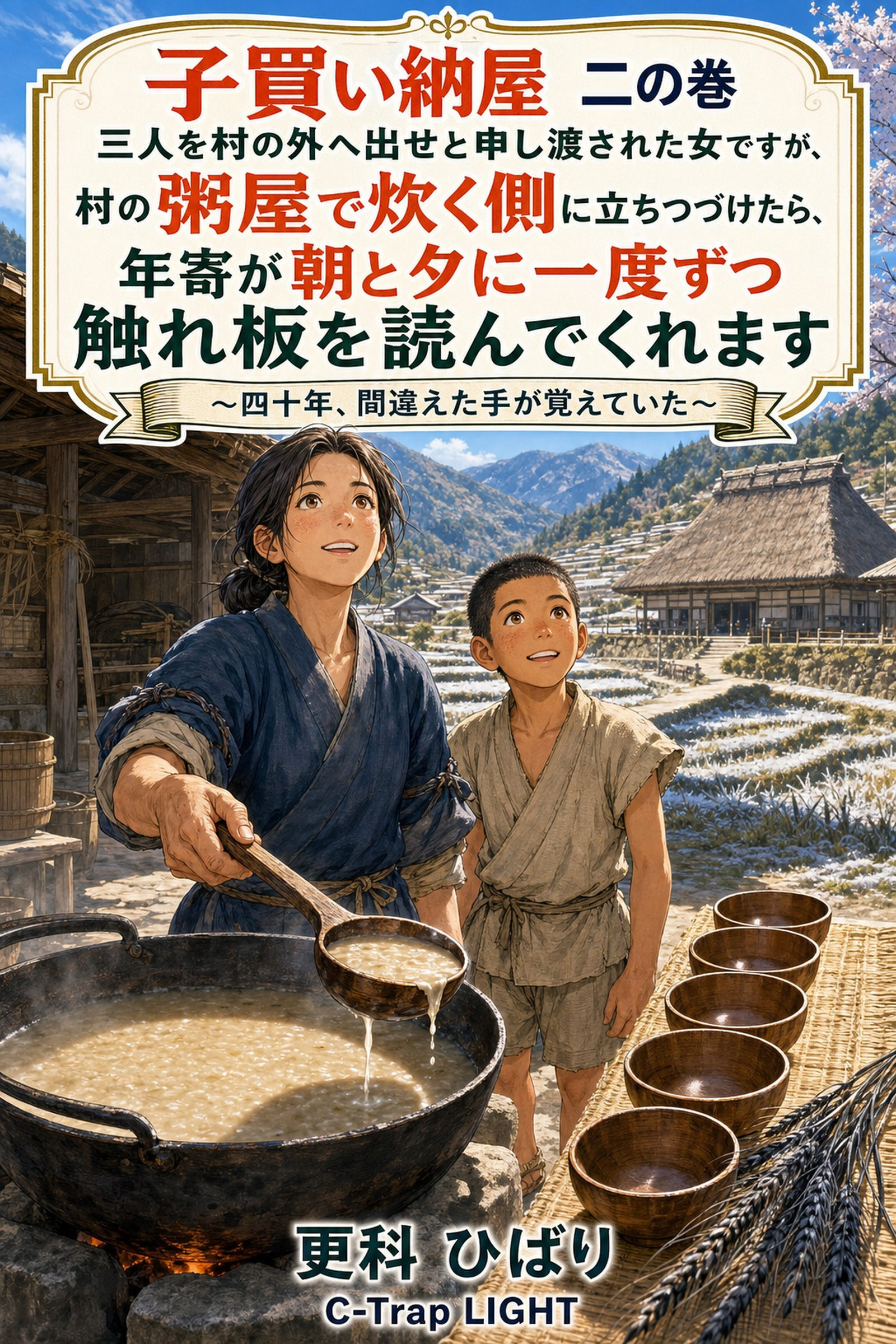 子買い納屋　二の巻　三人を村の外へ出せと申し渡された女ですが、村の粥屋で炊く側に立ちつづけたら、年寄が朝と夕に一度ずつ触れ板を読んでくれます