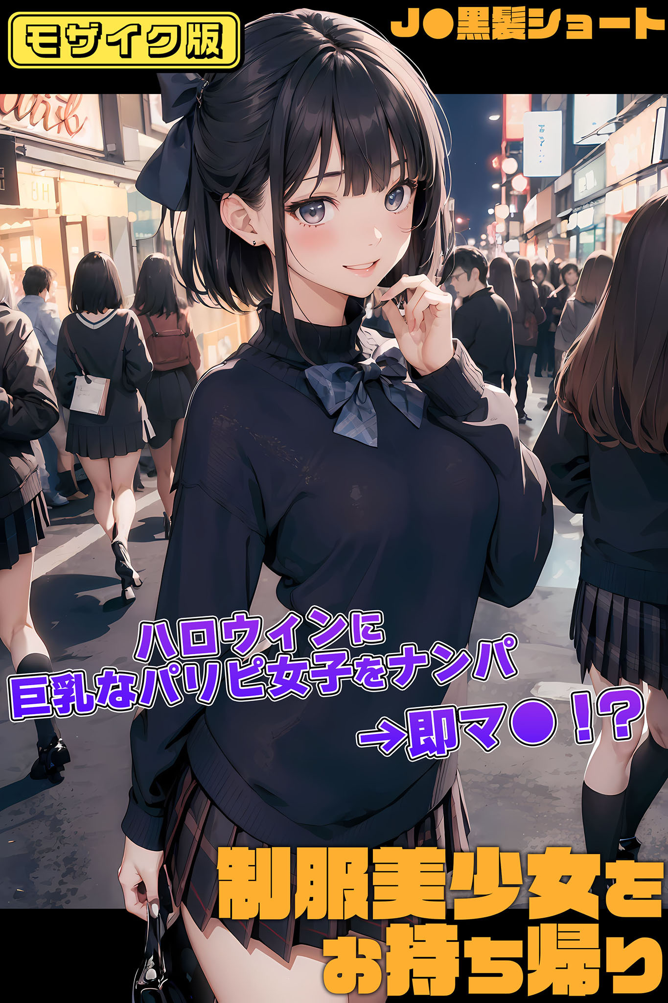 制服美少女をお持ち帰り～ハロウィンに巨乳なパリピ女子をナンパ→即マ●！？～［J●黒髪ショート］ モザイク版