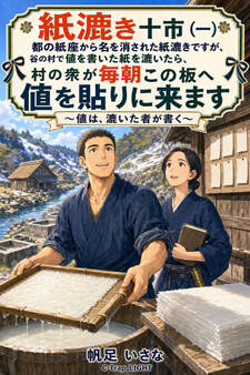 紙漉き十市(一) 都の紙座から名を消された紙漉きですが、谷の村で値を書いた紙を漉いたら、村の衆が毎朝この板へ値を貼りに来ます