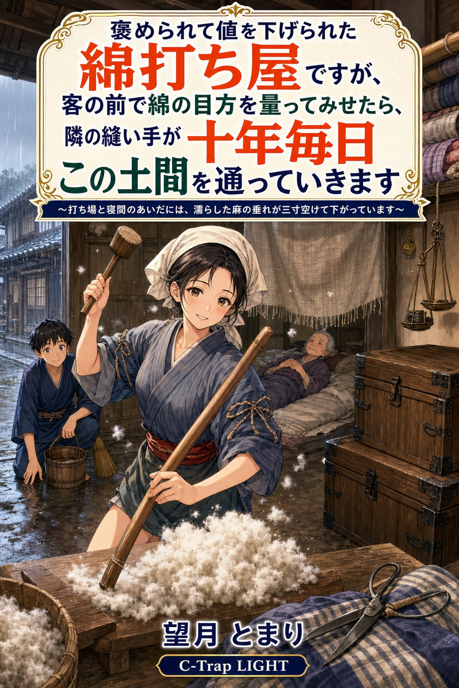褒められて値を下げられた綿打ち屋ですが、客の前で綿の目方を量ってみせたら、隣の縫い手が十年毎日この土間を通っていきます