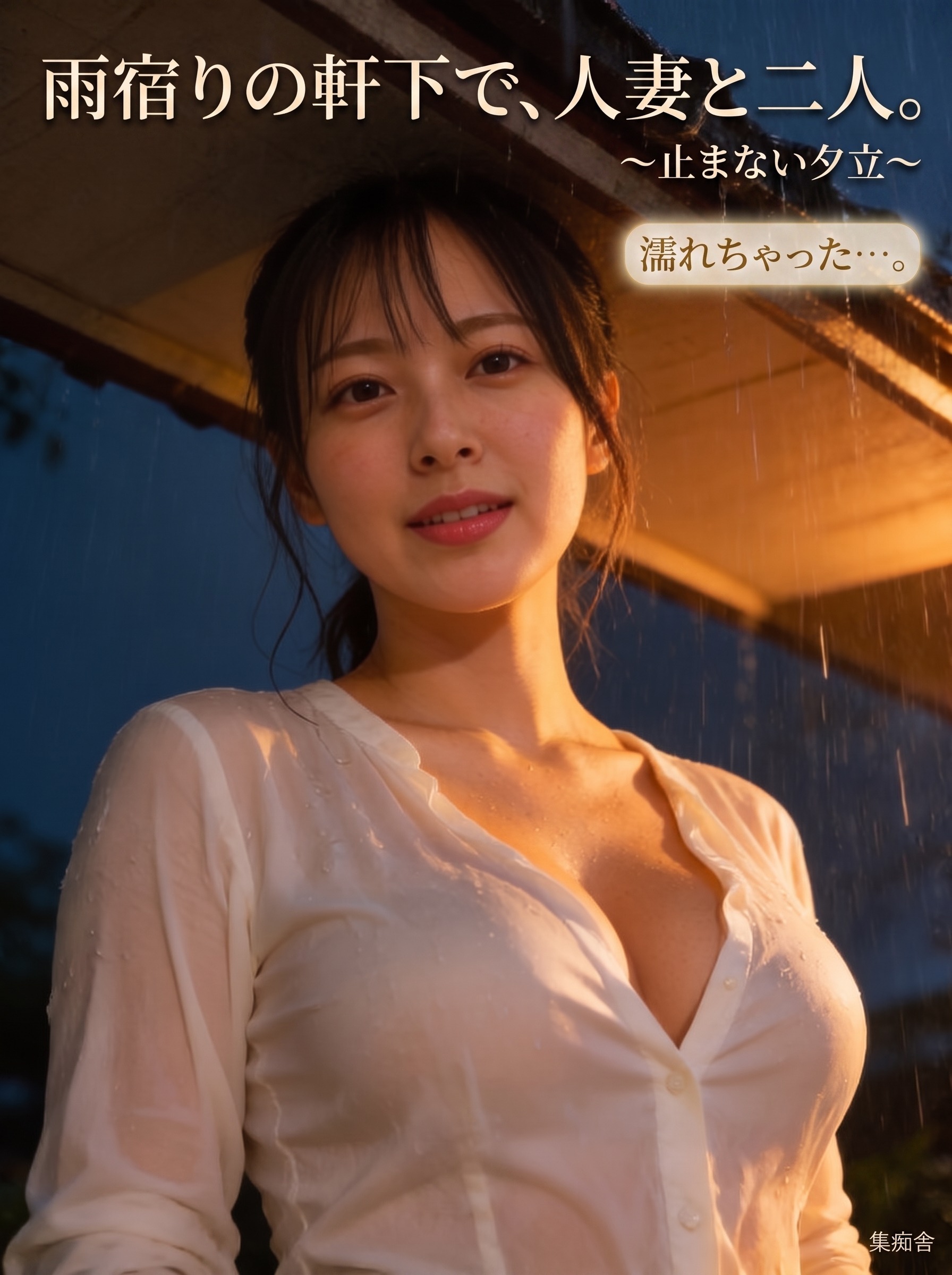 雨宿りの軒下で、人妻と二人。 ～止まない夕立～