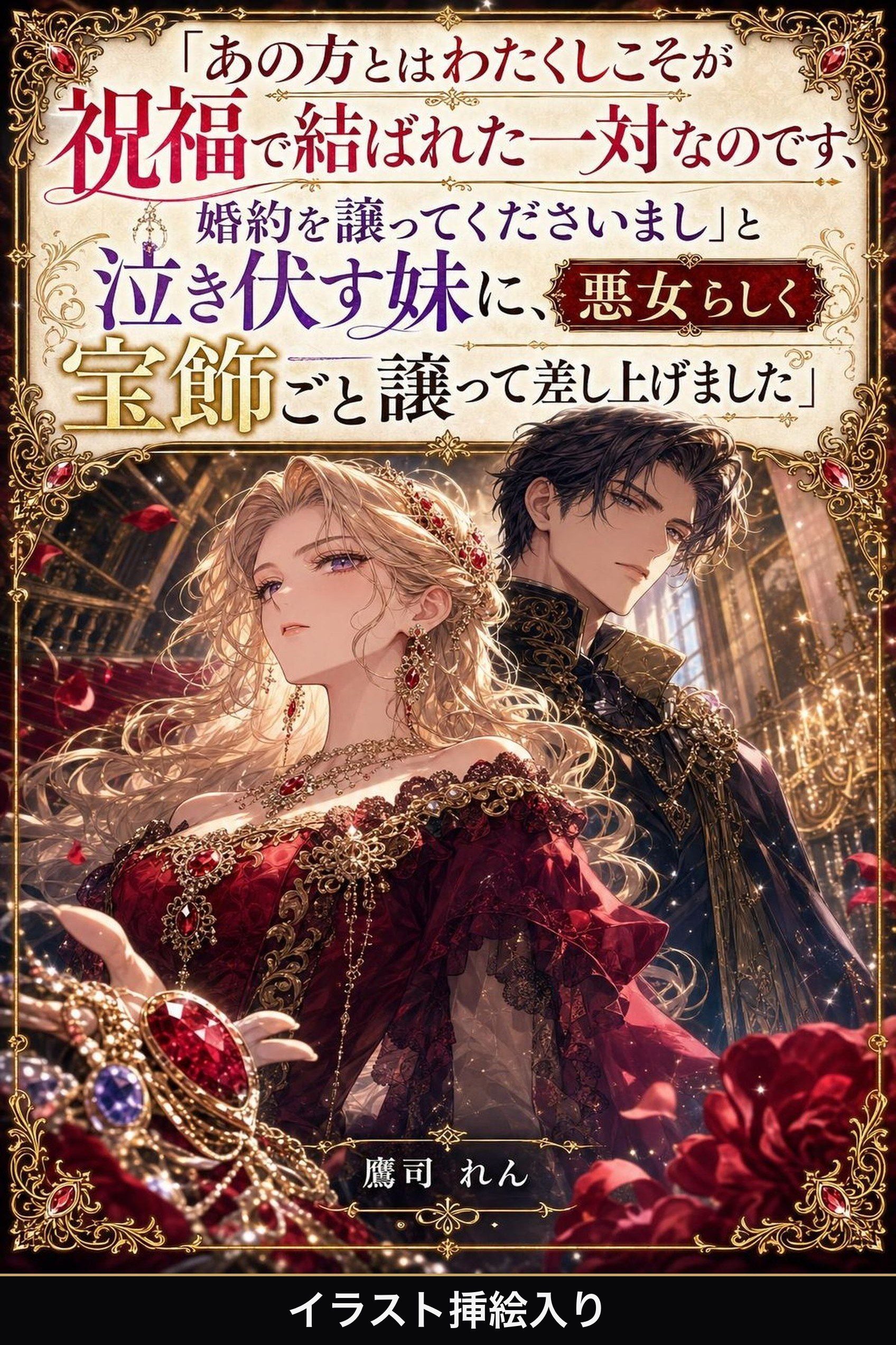 「あの方とはわたくしこそが祝福で結ばれた一対なのです、婚約を譲ってくださいまし」と泣き伏す妹に、悪女らしく宝飾ごと譲って差し上げました（挿絵版）